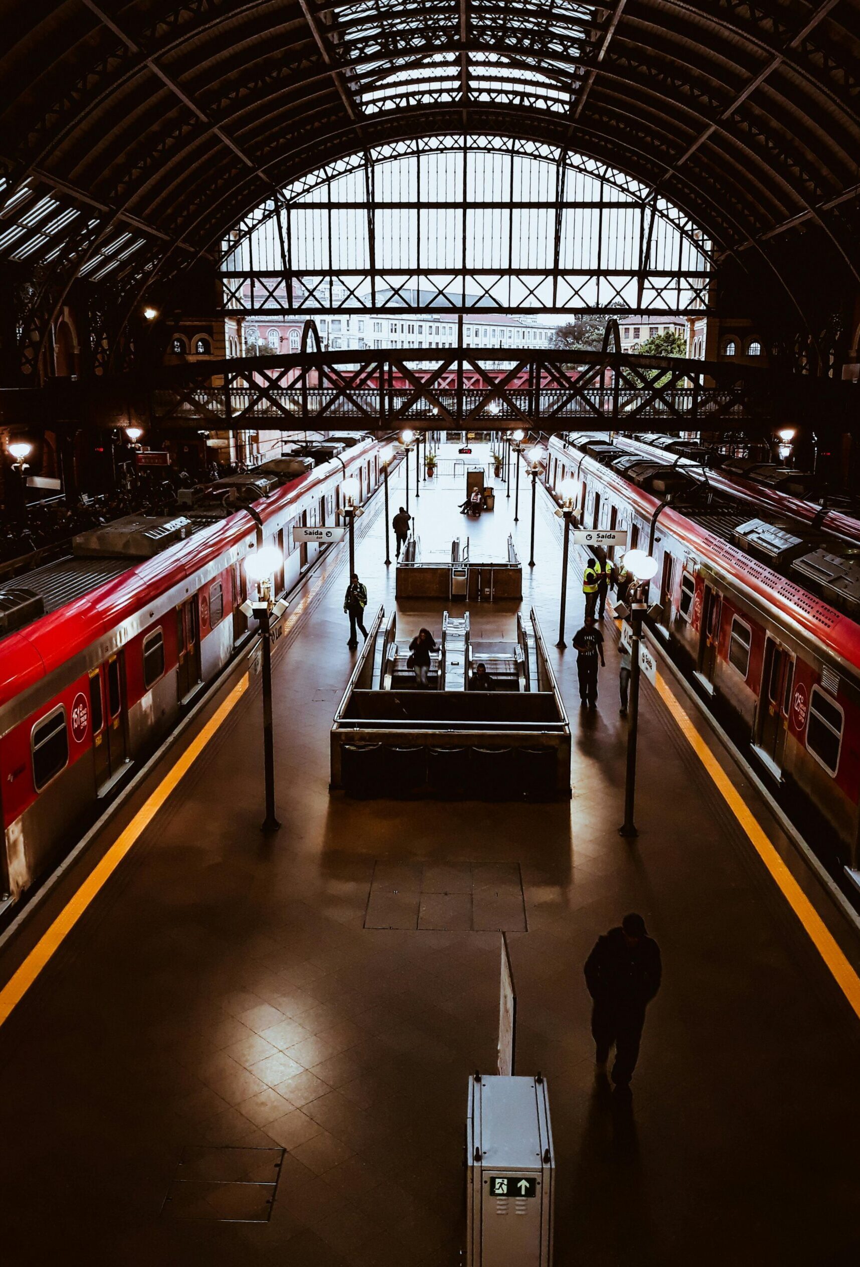 A bustling railway station with modern trains and commuters moving through the terminal.